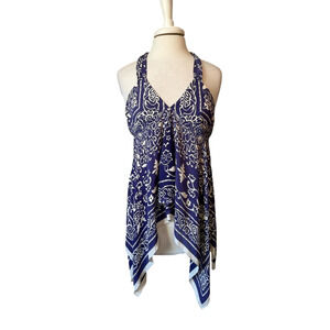 Y2K 90s Boho Festival Purple Floral Halter‎ Neck Plunge Handkerchief Tunic S